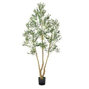 7FT Artificial Olive Tree with Black Pot, Tall Fake Tree with Natural Wood Trunk & Realistic Green Leaves and Fruits, Indoor Faux Plant for Home, Office, Living Room, Corner Decor