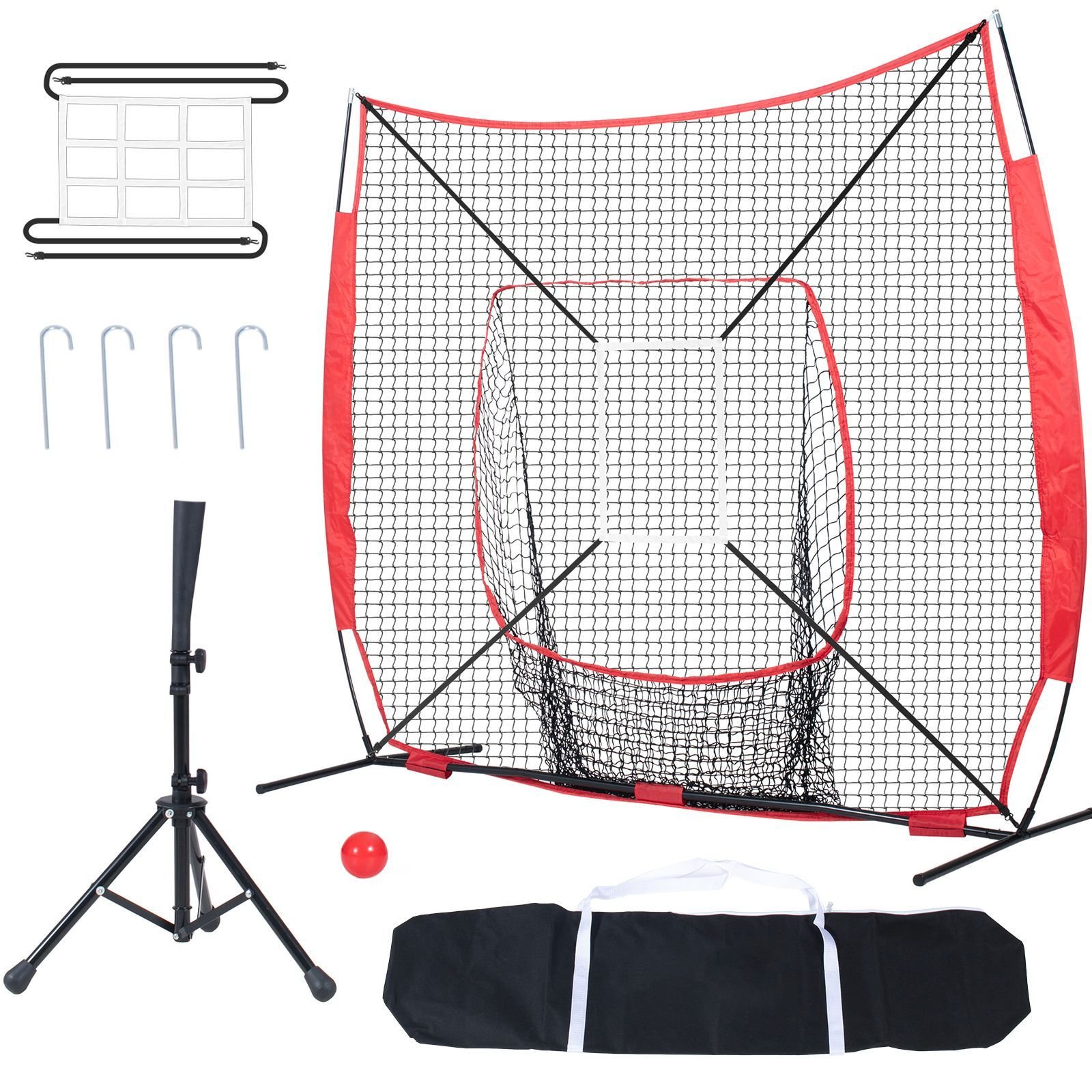 7x7 ft baseball softball practice net portable baseball training net for hitting batting catching pitching backstop baseball equipment with bow frame carry bag strike zone ball batting tee.jpg