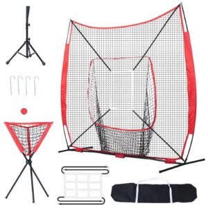 7x7 ft baseball softball practice net portable baseball training net for hitting catching pitching backstop baseball equipment with bow frame carry bag strike zone ball tee ball collector 3.jpg