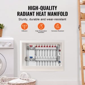 8 branch radiant heat manifold, 1/2" pex tubing manifold, stainless steel pex manifold for hydronic radiant floor heating, radiant heat pex manifold kit with 1/2" adapters included