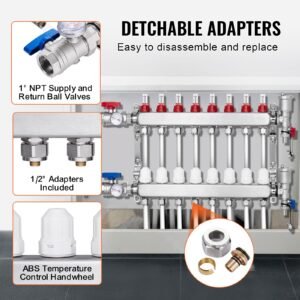 8 branch radiant heat manifold, 1/2" pex tubing manifold, stainless steel pex manifold for hydronic radiant floor heating, radiant heat pex manifold kit with 1/2" adapters included