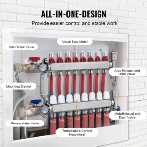 8 branch radiant heat manifold, 1/2" pex tubing manifold, stainless steel pex manifold for hydronic radiant floor heating, radiant heat pex manifold kit with 1/2" adapters included