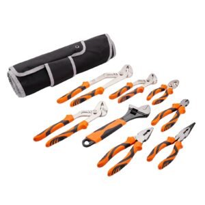 8-Piece Pliers Set, High Carbon Steel, 12"/10"/8" Groove Joint Pliers, 8" Linesman's Pliers, 6" Slip Joint Pliers, 8" Long Nose Pliers, 6" Diagonal Cutter, 10" Adjustable Wrench, and Tool Bag