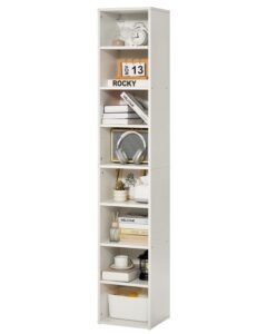 8 Tiers Narrow Bookshelf, 71 in Wooden Tall Open Bookcase with Height-Adjustable Shelf, Freestanding Display Storage Floor Bookcase Bookshelf for Library, Bedroom, Living Room, Office, White