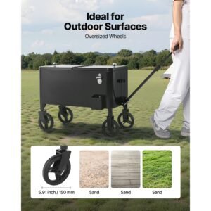 80 quart rolling ice chest cart, with 2 stage telescopic pull handle and 2 swivel casters, portable table beach patio party bar cold drink beverage, outdoor park cart on wheels, black