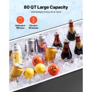 80 quart rolling ice chest cart, with 2 stage telescopic pull handle and 2 swivel casters, portable table beach patio party bar cold drink beverage, outdoor park cart on wheels, black