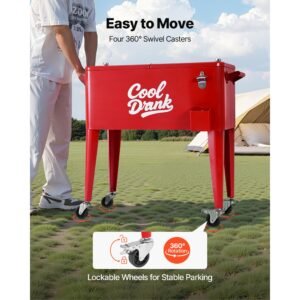 80 quart rolling ice chest, holds up to 50 bottles / 110 cans, portable patio party bar drink cooler cart with 4 swivel casters (2 with brakes), beverage cooler trolley with bottle opener, red