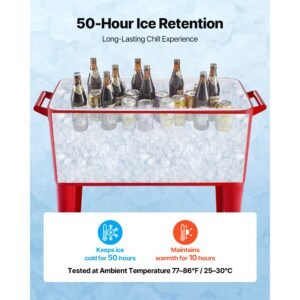 80 quart rolling ice chest, holds up to 50 bottles / 110 cans, portable patio party bar drink cooler cart with 4 swivel casters (2 with brakes), beverage cooler trolley with bottle opener, red