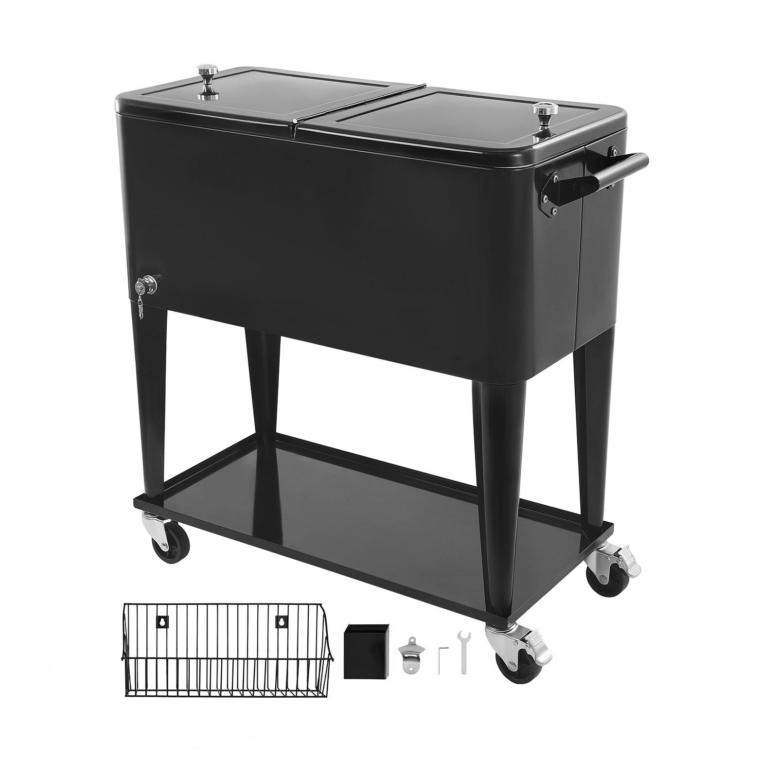 80 quart rolling ice chest, holds up to 50 bottles / 110 cans, portable patio party bar drink cooler cart with bottom shelf, beverage pool with side basket and bottle opener, black