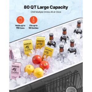 80 quart rolling ice chest, holds up to 50 bottles / 110 cans, portable patio party bar drink cooler cart with bottom shelf, beverage pool with side basket and bottle opener, black