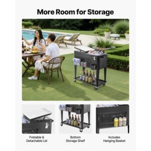 80 quart rolling ice chest, holds up to 50 bottles / 110 cans, portable patio party bar drink cooler cart with bottom shelf, beverage pool with side basket and bottle opener, black
