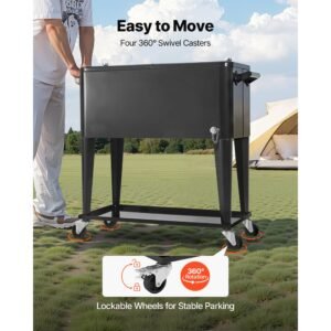 80 quart rolling ice chest, holds up to 50 bottles / 110 cans, portable patio party bar drink cooler cart with bottom shelf, beverage pool with side basket and bottle opener, black