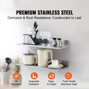 8.6" x 30" Stainless Steel Shelf, Wall Mounted Floating Shelving with Backsplash, 44 lbs Load Capacity Commercial Shelves, Heavy Duty Storage Rack for Restaurant, Kitchen, Bar, Home, and Hotel