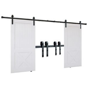 8FT Sliding Barn Door Hardware Kit, 330LBS Heavy Duty Barn Door Track Kit for Double Doors, Fit 3.7-4.3FT Total Wide and 1.3"-1.8" Thick 2 Door Panel, with Smooth & Silent Pulley (J Shape)