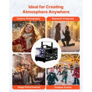 900w snow machine with 9 led rgb lights, 12 led lighting colors, and wireless remote, handheld/hanging outdoor snowflake machine fake snow machines with 1l tank for christmas party
