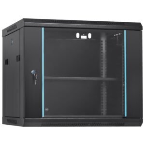 9U Wall-Mounted Server Network Cabinet, 15.5'' Depth, Secure Rack Enclosure, Supports up to 200 lbs, Features Lockable Glass Door and Side Panels, Ideal for IT and A/V Gear