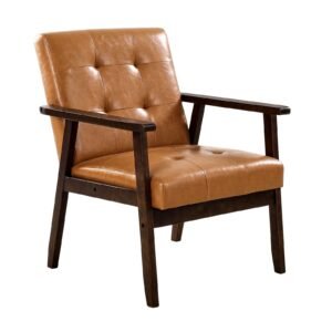 Accent Chair, Mid Century Modern Armchair with Solid Wood Frame and Non-Slip Legs, Upholstered Leisure Chair with PU Leather and Soft Cushion, for Living Room, Bedroom, Office