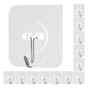 Adhesive Hooks, 12 Pack Self-Adhesive Towel Coat Hooks, Heavy-Duty Wall Hook Hold 15 lbs (Max), Stainless Steel Sticky Hanger, for Bathroom, Kitchen, Hanging Towel, Coat & Keys (Transparent)