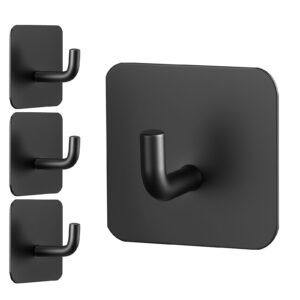 Adhesive Hooks, 4 Pack Self-Adhesive Towel Coat Hooks, Heavy-Duty Wall Hook Hold 15 lbs (Max), Stainless Steel Sticky Hanger, for Bathroom, Kitchen, Hanging Towel, Coat & Keys (Matte Black)