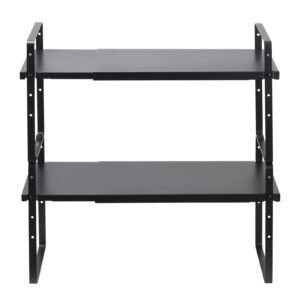 Adjustable Kitchen Cabinet Shelf Organizer, Expandable 2 Tier Cabinet Shelf, Stackable Countertop Organizers and Storage Shelf Risers, Pantry Organizers for Kitchen Bathroom Office, Black