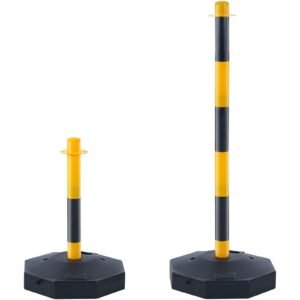 adjustable traffic delineator post cones, 4 pack, traffic safety delineator barrier with fillable base 8ft chain, for traffic control warning parking lot construction caution roads, yellow&black