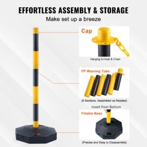 adjustable traffic delineator post cones, 4 pack, traffic safety delineator barrier with fillable base 8ft chain, for traffic control warning parking lot construction caution roads, yellow&black