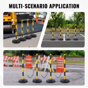 adjustable traffic delineator post cones, 4 pack, traffic safety delineator barrier with fillable base 8ft chain, for traffic control warning parking lot construction caution roads, yellow&black