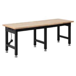 Adjustable Workbench, 5000 lbs Capacity, 72 x 24 Inch Oak Wood Top Workstation with 4 AC Outlets & 2 USB Ports, Heavy-Duty Hardwood Worktable for Garage, Workshop, Home, Office, Commercial