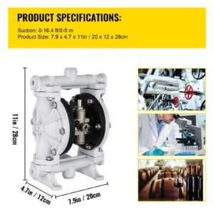 air operated double diaphragm pump, 1/2 in inlet & outlet, polypropylene body, 2.5 gpm & max 80psi, ptfe diaphragm pneumatic transfer pump for petroleum, diesel, oil & low viscosity fluids