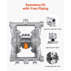 air operated double diaphragm pump, 6.6 gpm, 3/8 inch inlet & outlet pneumatic waste oil transfer pump, max 100 psi, aluminum alloy body, air operated for diesel, grease, kerosene, gasoline