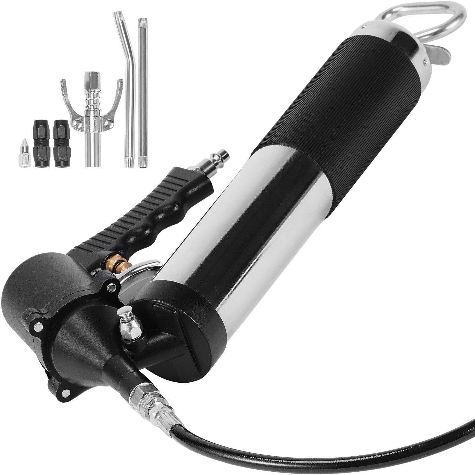 air operated grease gun 6000psi 14 oz400 cc capacity heavy duty pneumatic grease gun with 185 inch flexible hose 1 black flat coupler pointed coupler bent metal pipe locking clamp coupler.jpg