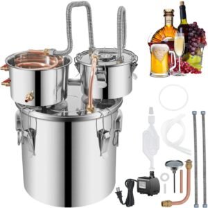Alcohol Still, 5 Gallon, Stainless Steel Alcohol Distiller with Copper Tube & Build-in Thermometer & Water Pump, Double Thumper Keg Home Brewing Kit, for DIY Whiskey Wine Brandy
