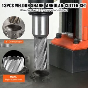 annular cutter set 13 pcs weldon shank mag drill bits 716 to 1 116 cutting diameter 2 cutting depth m2al hss with 2 pilot pins hex wrench and portable case for using with magnetic dr 1.jpg