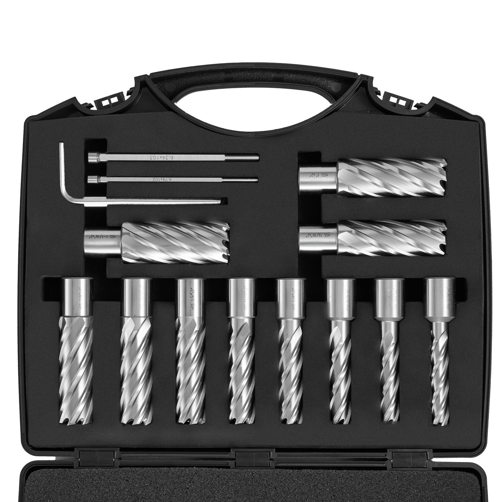 annular cutter set 13 pcs weldon shank mag drill bits 716 to 1 116 cutting diameter 2 cutting depth m2al hss with 2 pilot pins hex wrench and portable case for using with magnetic dr.jpg