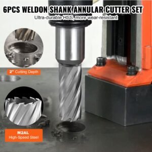 annular cutter set 6 pcs weldon shank mag drill bits 1 to 2 cutting diameter 2 cutting depth m2al high speed steel with 2 pilot pins and portable case for using with magnetic drills 1.jpg