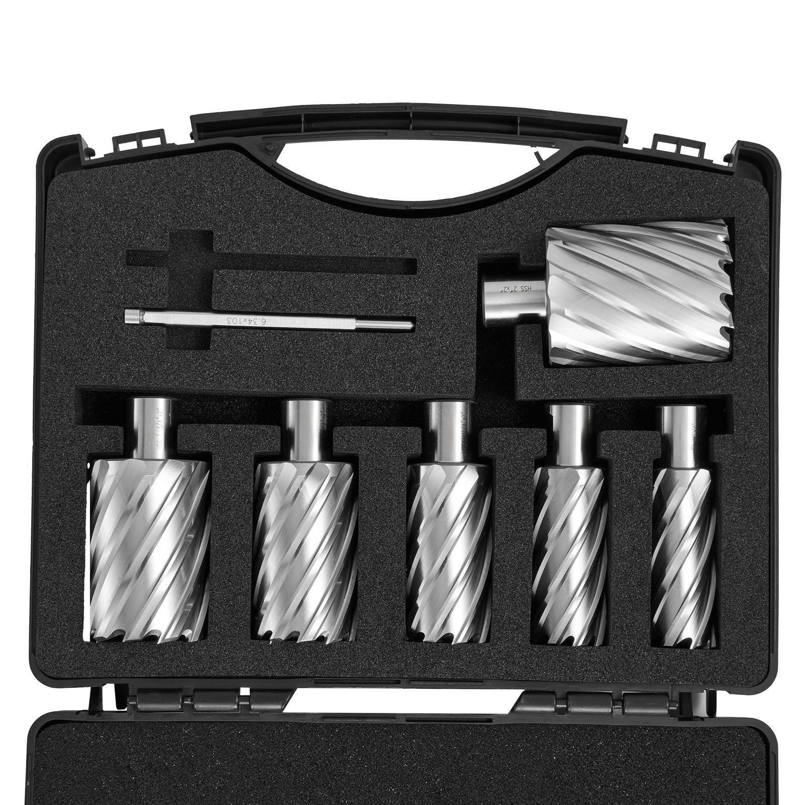 annular cutter set 6 pcs weldon shank mag drill bits 1 to 2 cutting diameter 2 cutting depth m2al high speed steel with 2 pilot pins and portable case for using with magnetic drills.jpg