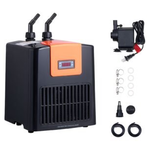 Aquarium Chiller 52 Gallon, 1/10 HP Water Chiller for Hydroponics, Fast Cooling for Fish Tank,Axolotl,Coral Reef,Quiet Refrigeration Compressor, Titanium Evaporator,Complete Fittings