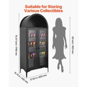 arched display cabinet with glass doors, 70 in tall curio cabinet, 4 tier display case with 2 adjustable shelves, bookcase bookshelf for collectibles storage bedroom living room office