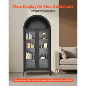 arched display cabinet with glass doors, 70 in tall curio cabinet, 4 tier display case with 2 adjustable shelves, bookcase bookshelf for collectibles storage bedroom living room office