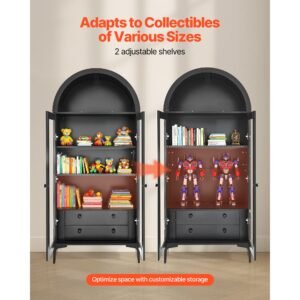 arched display cabinet with glass doors, 70 in tall curio cabinet, 4 tier display case with 2 adjustable shelves, bookcase bookshelf for collectibles storage bedroom living room office