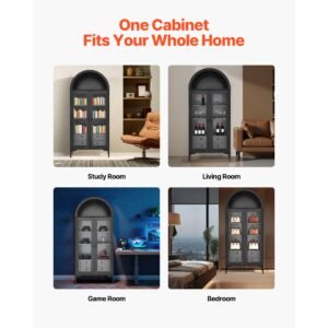 arched display cabinet with glass doors, 70 in tall curio cabinet, 4 tier display case with 2 adjustable shelves, bookcase bookshelf for collectibles storage bedroom living room office