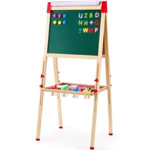 Art Easel for Kids, 3-in-1 Wooden Double-Sided Kid's Art Easel with Magnetic Whiteboard, Chalkboard & Paper Roll, Adjustable Standing Drawing Board with Painting Accessories for Boys and Girls