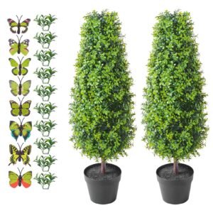 Artificial Boxwood Topiary Tree, 36 inch Tall (2 Pieces), Faux Topiary Trees, Green Faux Plant w/ Extra Leaves & Pot & Small Decoration, UV Rated Greenery Set for Home Decor Indoor/Outdoor
