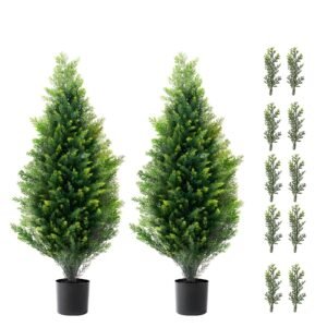 Artificial Cedar Topiary Tree, 36 inch Tall (2 Pieces), with Extra Leaves & Pot Faux Evergreen Fake Pine Cypress Trees Plant, UV Rated Artificial Greenery Set for Home Decor Indoor/Outdoor