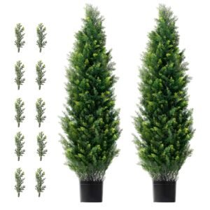 Artificial Cedar Topiary Tree, 48 inch Tall (2 Pieces), with Extra Leaves & Pot Faux Evergreen Fake Pine Cypress Trees Plant, UV Rated Artificial Greenery Set for Home Decor Indoor/Outdoor