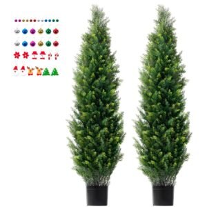 Artificial Cedar Topiary Tree, 60 inch Tall (2 Pieces), with Extra Leaves & Pot Faux Evergreen Fake Pine Cypress Trees Plant, UV Rated Artificial Greenery Set for Home Decor Indoor/Outdoor