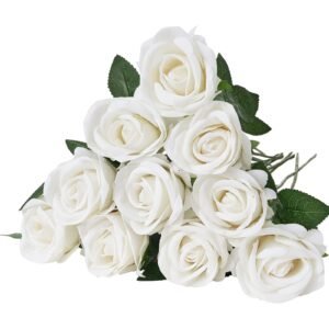 Artificial Flowers, 60 pcs Real Looking White Foam Fake Roses Bulk, White Faux Bridal Shower with Stems for DIY Wedding Bouquets, Home Centerpieces Arrangements, Party Tables Decorations