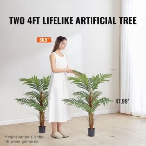 Artificial Palm Tree, 4 FT Tall Faux Plant, Secure PE Material & Anti-Tip Tilt Protection Low-Maintenance Plant, Lifelike Green Fake Tree for Home Office Warehouse Decor Indoor Outdoor