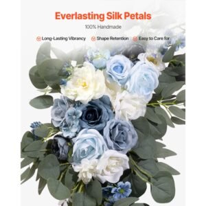 artificial wedding arch flowers kit blue wedding arch flowers with drapes kit pack of 4 2 pcs floral arrangement 2 pcs sheer drapes for ceremony bouquets reception backdrop decoration 3.jpg