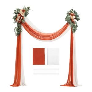 Artificial Wedding Arch Flowers Kit, Orange Wedding Arch Flowers with Drapes Kit (Pack of 4) - 2 Pcs Floral Arrangement, 2 Pcs Sheer Drapes, for Ceremony Bouquets Reception Backdrop Decoration